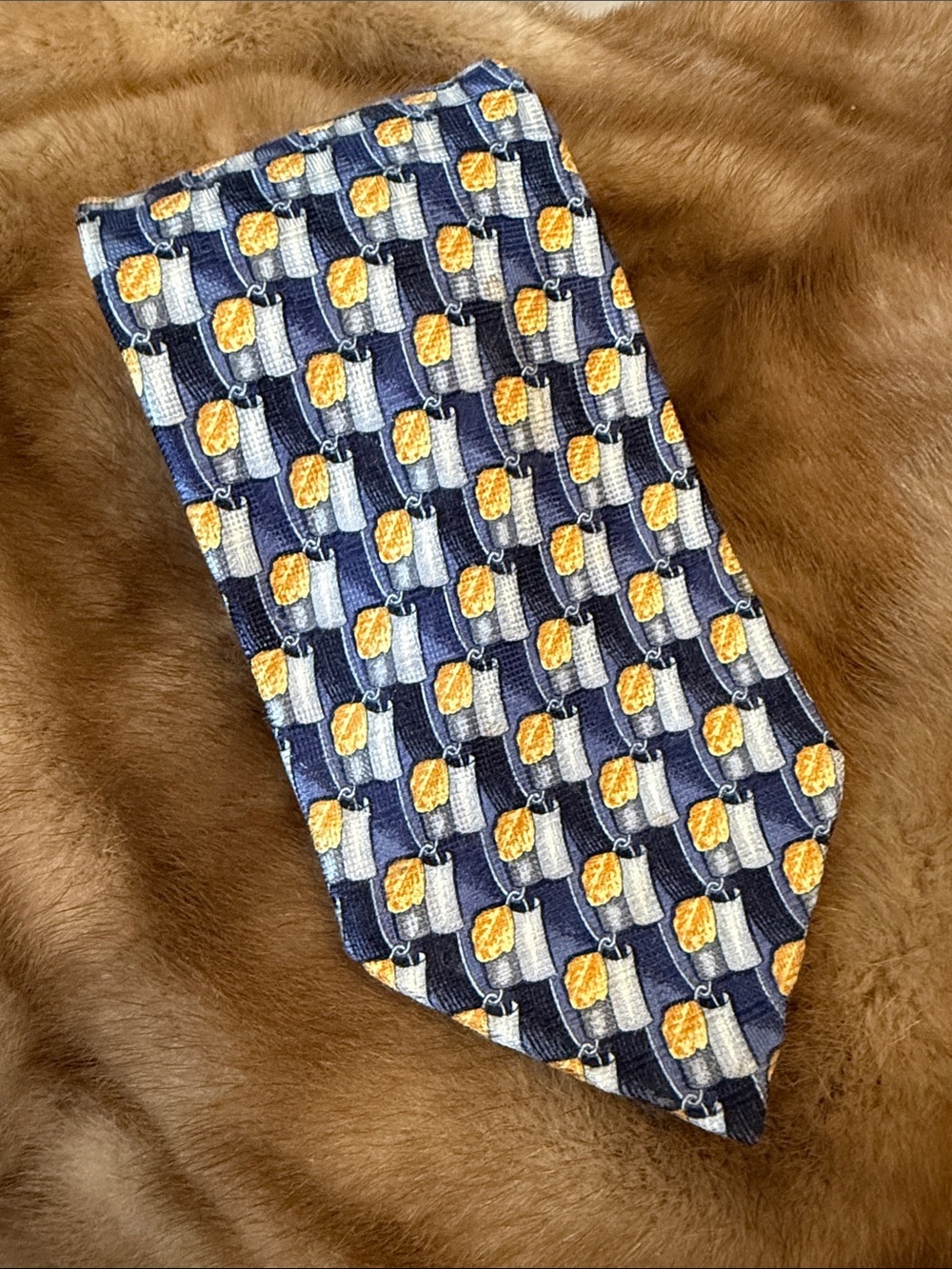 Men's Navy Silk Tie with Yellow and Light Blue Geometric Motif